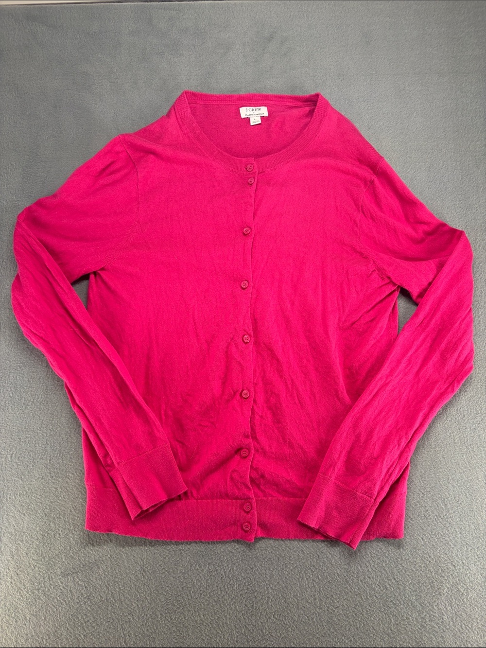 J. Crew Bright Pink Button-Up Crewneck Classic Cardigan 100% Cotton Size L